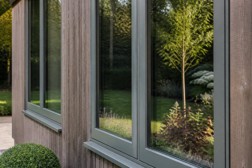 Slim painted frame of a contemporary timber flush casement window overlooking a lush garden in soft afternoon light.