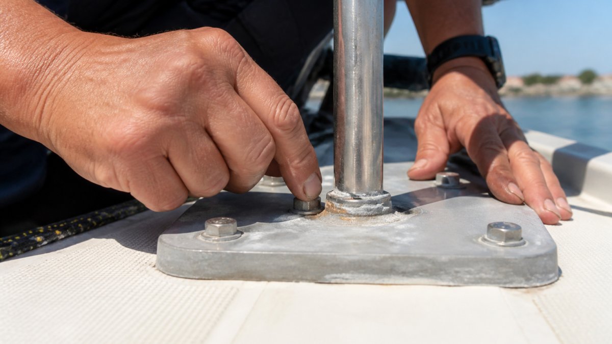 Close-up of a marine engineer's hands inspecting a stainless steel bolt fitted through an aluminium deck plate, with visible white corrosion residue around the joint, on a boat deck in daylight