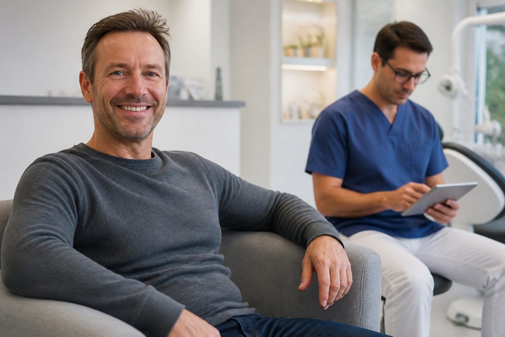 Confident man smiling in a dental office while consulting on cosmetic dental treatments with his dentist