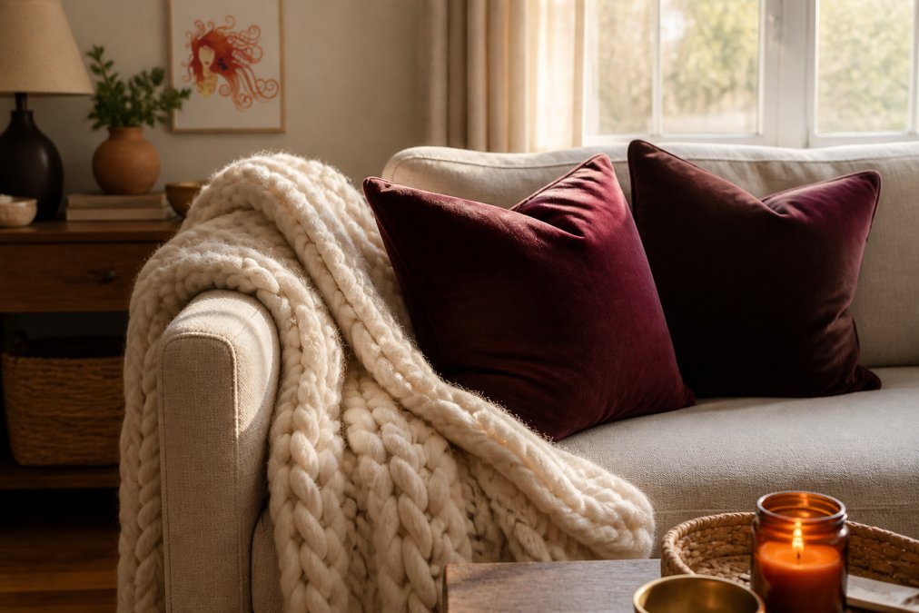 A cozy living room sofa styled with a chunky cream knit throw draped over the arm and two deep burgundy velvet pillows, bathed in soft afternoon light from a nearby window