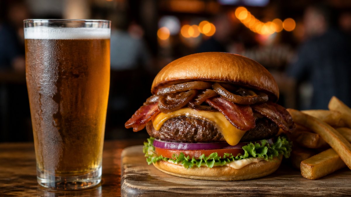 Cold craft beer in a chilled glass next to a freshly grilled burger with melted cheese, crispy bacon, and caramelized onions on a wooden board, with warm game-day lighting in the background
