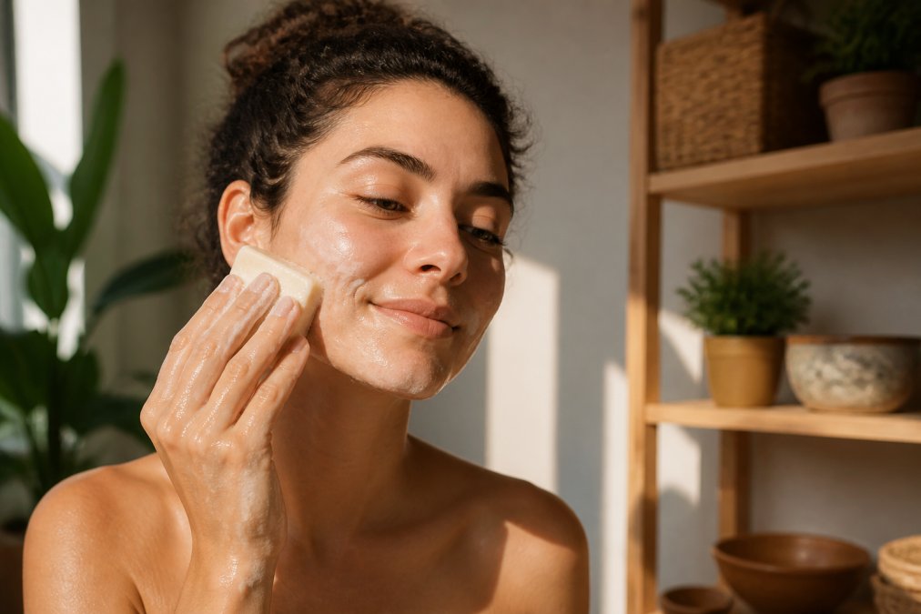 Person with glowing skin applying a gentle handcrafted facial soap in bright morning light
