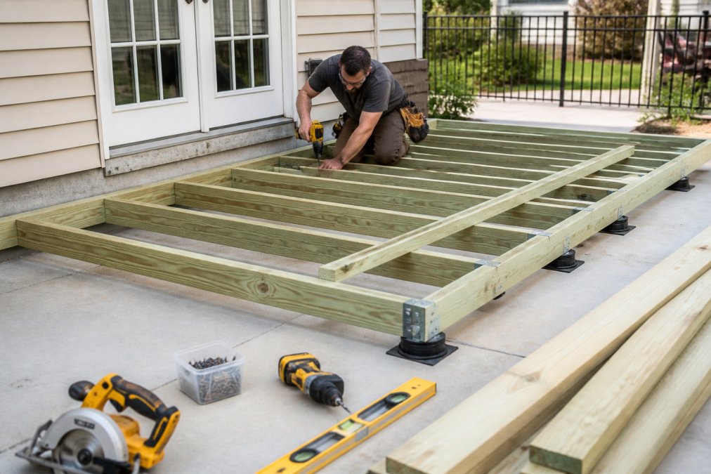 Professional contractor installing pressure-treated deck framing and joists over a concrete patio surface, demonstrating proper spacing and structural foundation setup in daylight