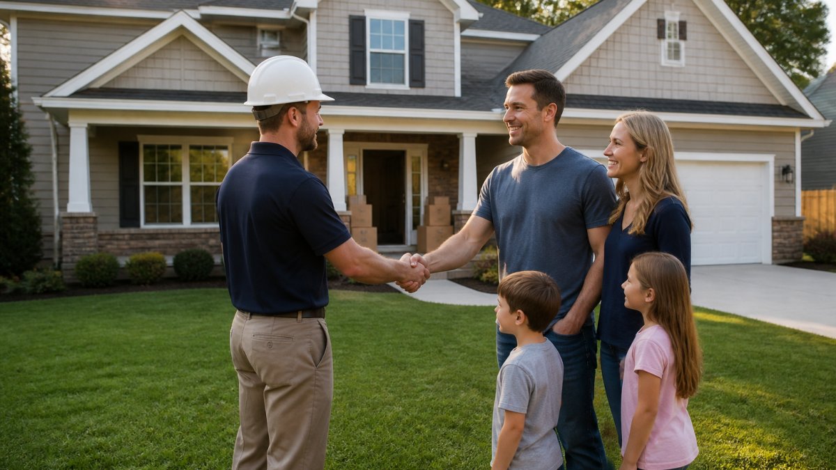 A family of four standing on the front lawn of their newly completed custom home, a builder in a hard hat shaking hands with the parents, warm late-afternoon sunlight, moving boxes visible near the front door