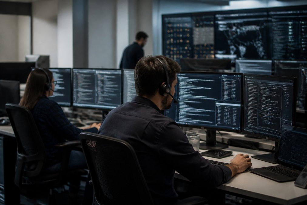 IT security team monitoring multiple screens in a modern SOC environment, with analysts reviewing threat alerts and dashboards in real-time