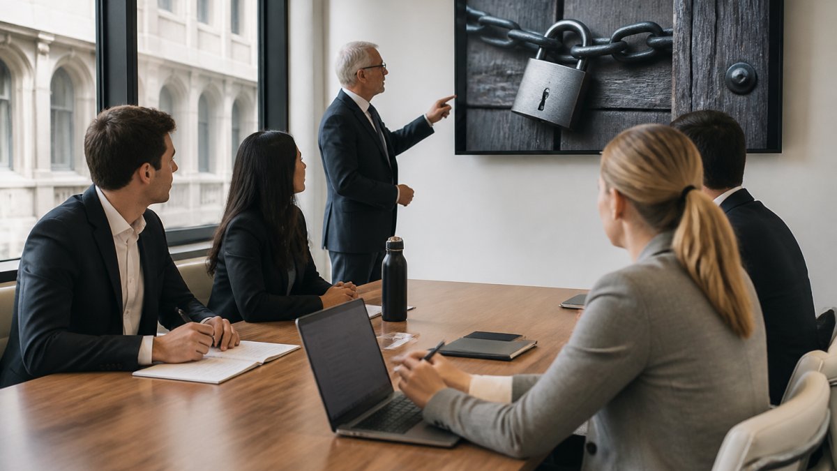 A small group of legal professionals in a bright meeting room watching a cybersecurity awareness presentation on a wall screen, one person taking notes on a laptop