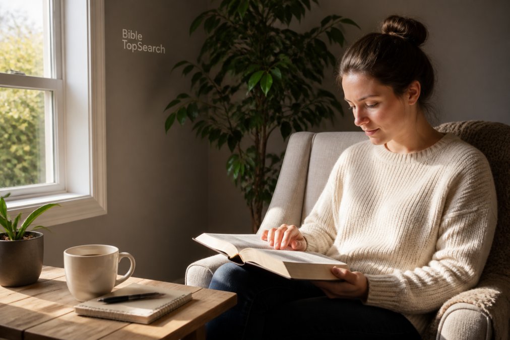 Person sitting quietly with an open Bible in natural morning light, coffee nearby, peaceful home setting