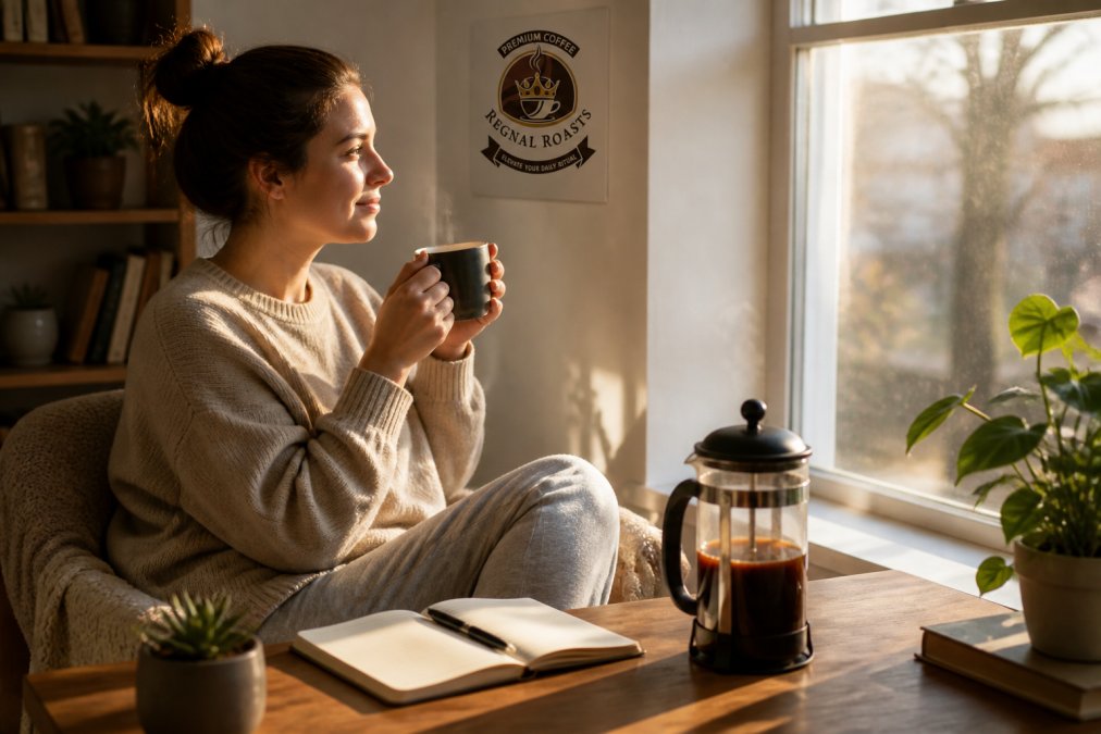 A person in cozy loungewear sitting by a window with a French press and a steaming mug of dark roast coffee, morning light streaming in, a journal and pen nearby
