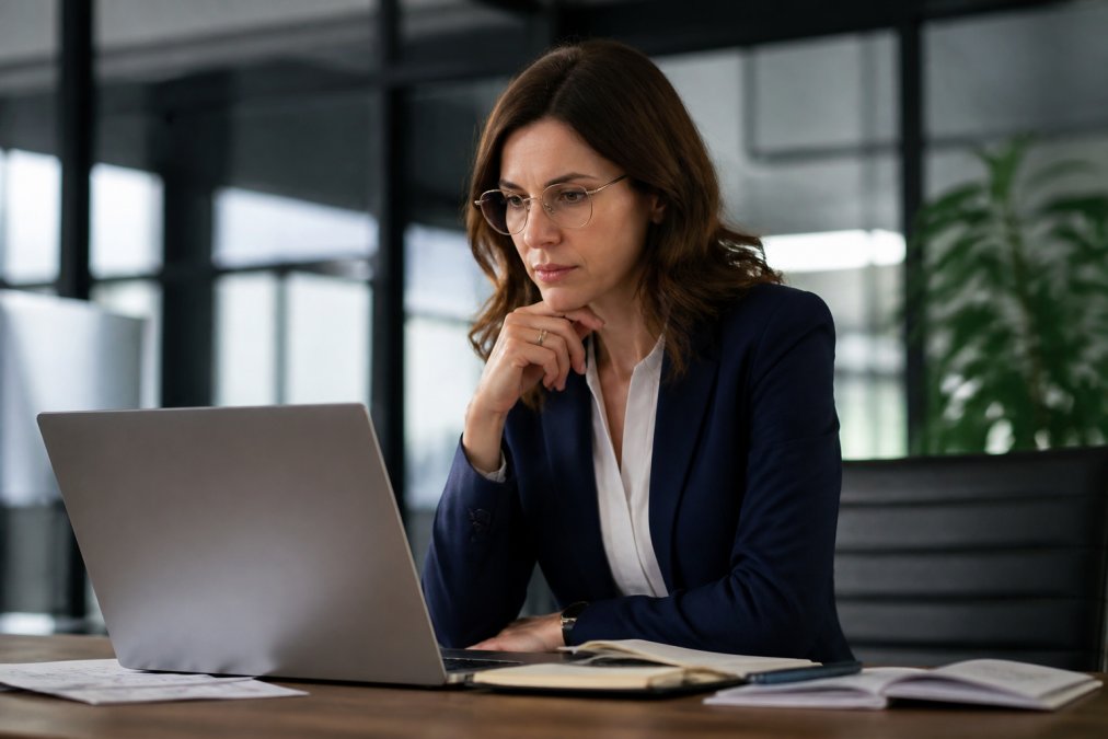 Professional reviewing privacy settings on a laptop after using data removal tools in a modern office