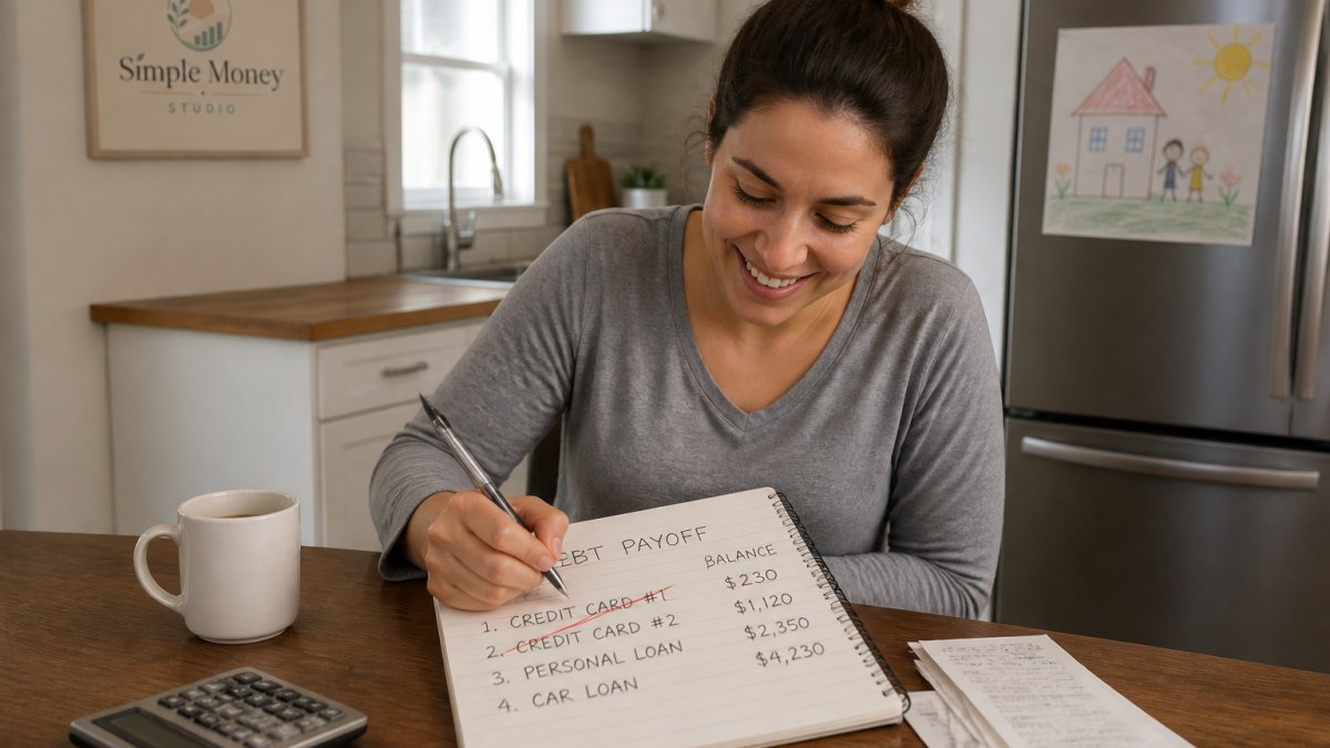 Parent crossing off a debt balance in a notebook to track progress using the debt snowball method