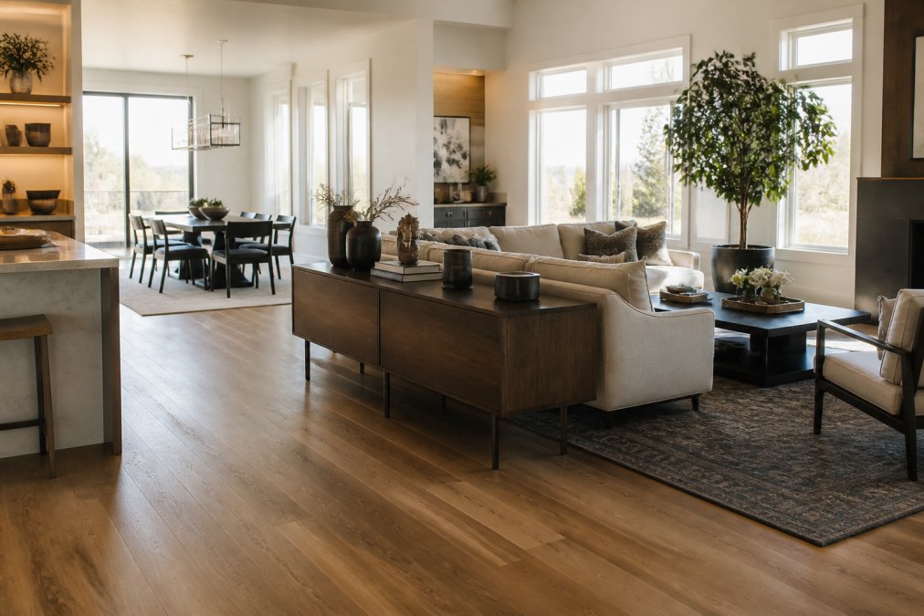 Diagram of the 5 best decor items for open concept living after remodel featuring a rug, console, and plant.
