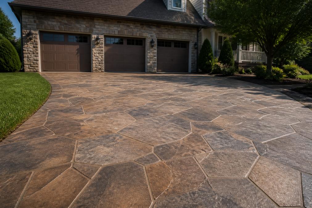 A residential driveway with a stamped concrete overlay featuring a stone or slate pattern, showing decorative impression details and natural color variation under afternoon sunlight