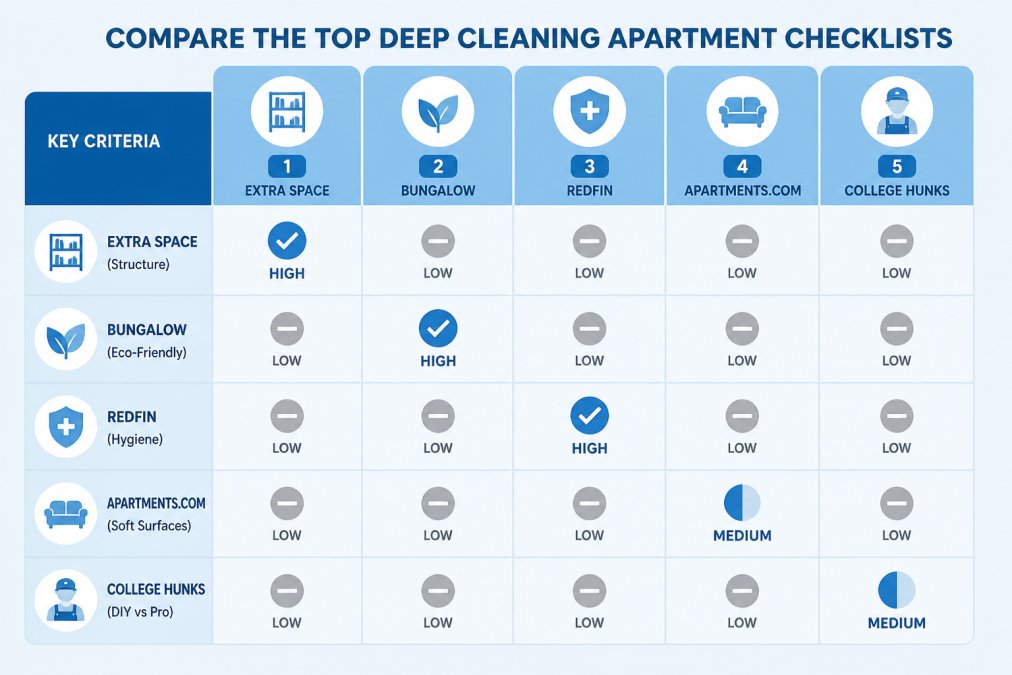 Comparison matrix of 5 checklists against key criteria: Extra Space (Structure, High), Bungalow (Eco-Friendly, High), Redfin (Hygiene, High), Apartments.com (Soft Surfaces, Medium), College HUNKS (DIY vs Pro, Medium)