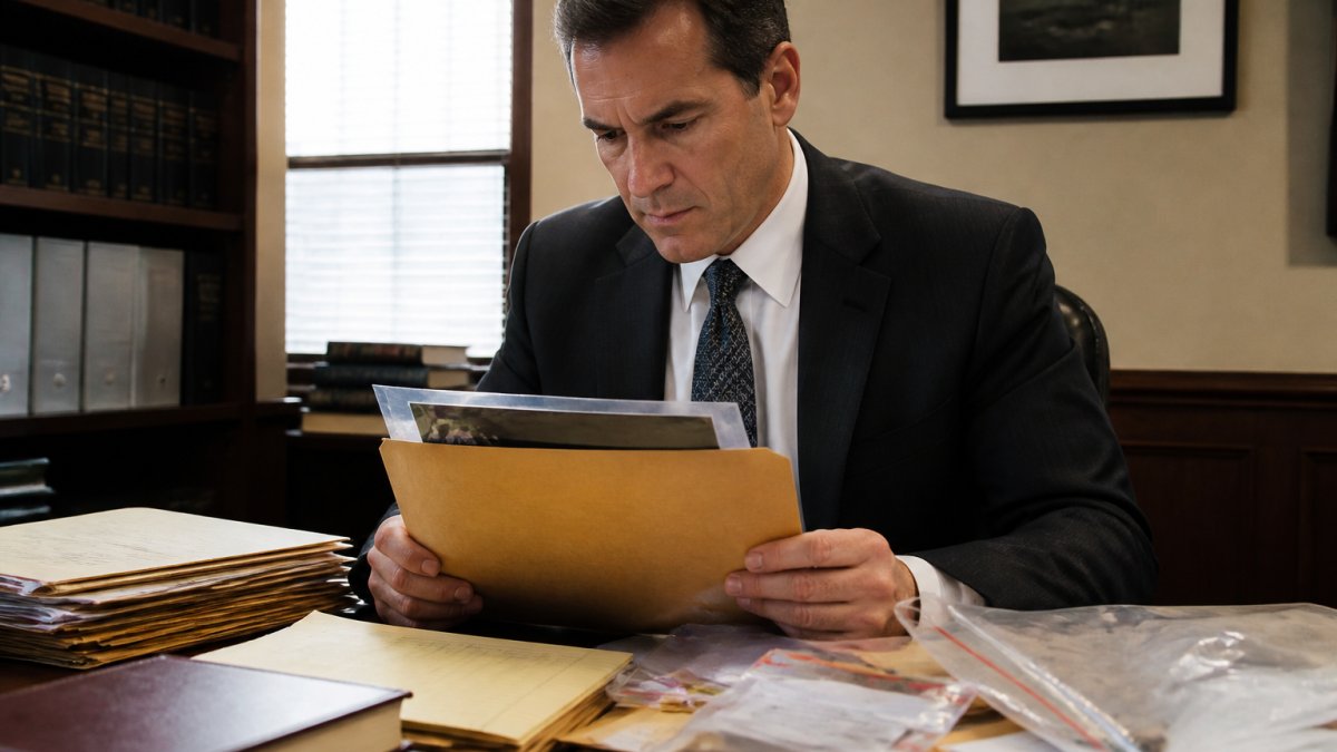Defense attorney in professional office reviewing case documents and evidence files with focused, determined expression