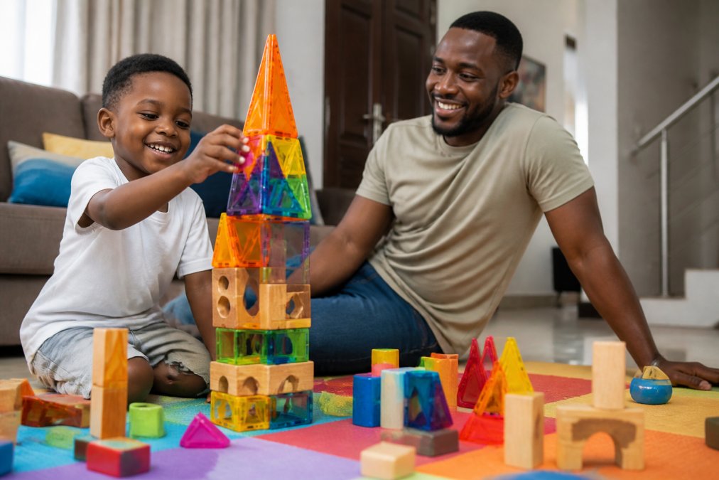 A three-year-old playing with developmental toys for 3 year olds, building a tower with magnetic tiles on a mat.