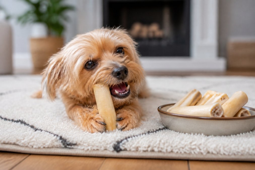 A small dog with a few missing teeth gently chewing a soft, light-coloured natural dog chew on a cosy rug in a bright living room, with a bowl of similar treats nearby