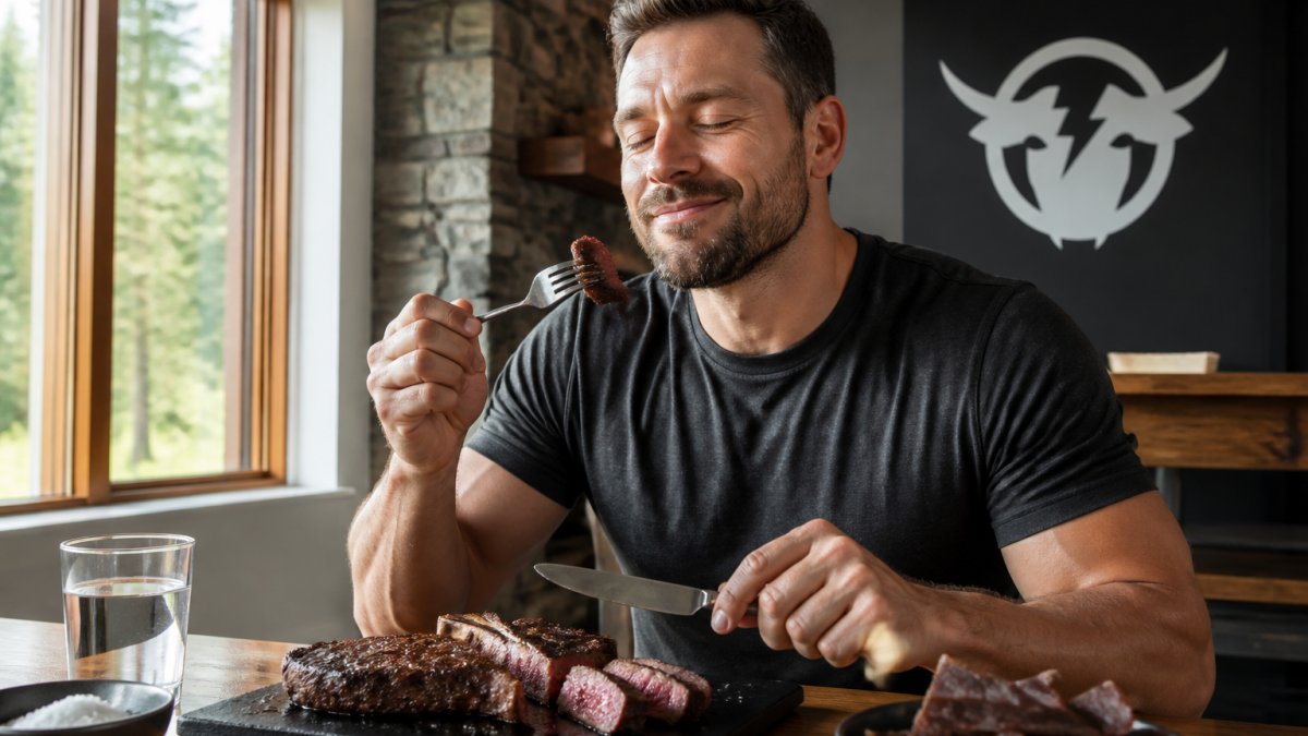 Person enjoying a grilled steak dinner with a satisfied expression, seated at a wooden table with natural lighting streaming through a window