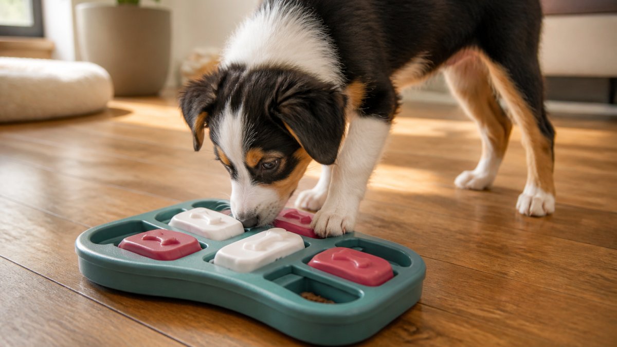 Playful puppy nudging a treat-dispensing puzzle toy on a hardwood floor during a sunny afternoon