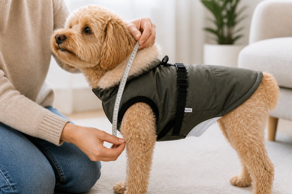 Close-up of a measuring tape being placed around a dog's neck and chest, showing proper measurement technique on a medium-sized dog with clear body landmarks visible in natural indoor lighting