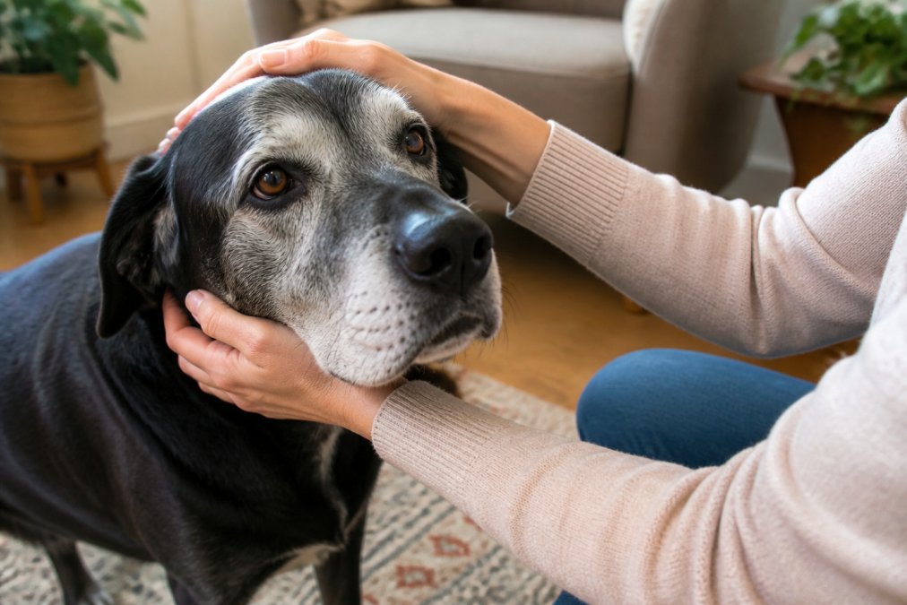 An older senior dog with graying around the muzzle being gently petted by an owner's hands in a warm, well-lit home setting, showing comfort and trust