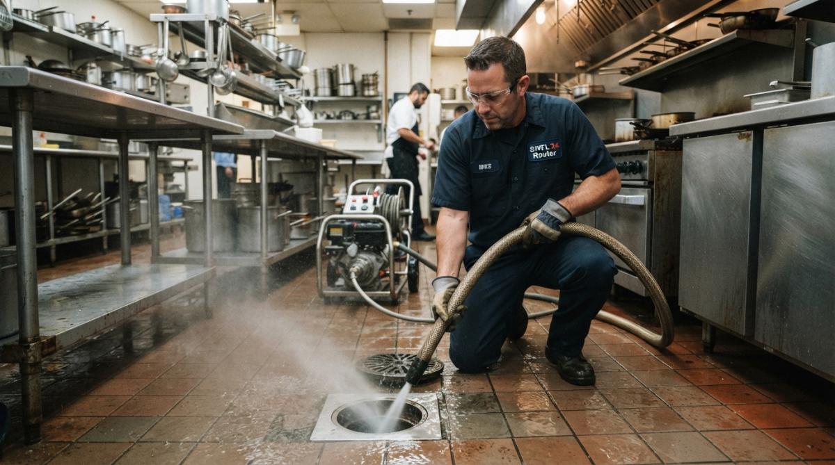 A professional plumber in uniform using a high-pressure hydro jetting hose to clean a commercial kitchen floor drain in a restaurant, with spray mist visible and stainless steel surfaces in the background