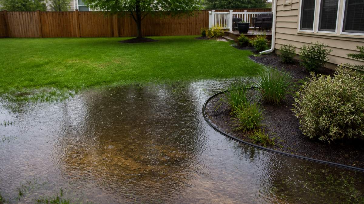 Residential backyard with visible water pooling and standing water in landscaped areas during rain, showing the drainage problem that systems solve