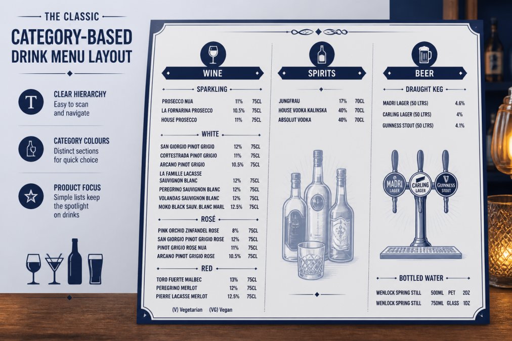 Printed drinks menu displayed on wooden bar table showing clear category sections with typography hierarchy, colour accents separating wine, spirits and beer sections under warm bar lighting