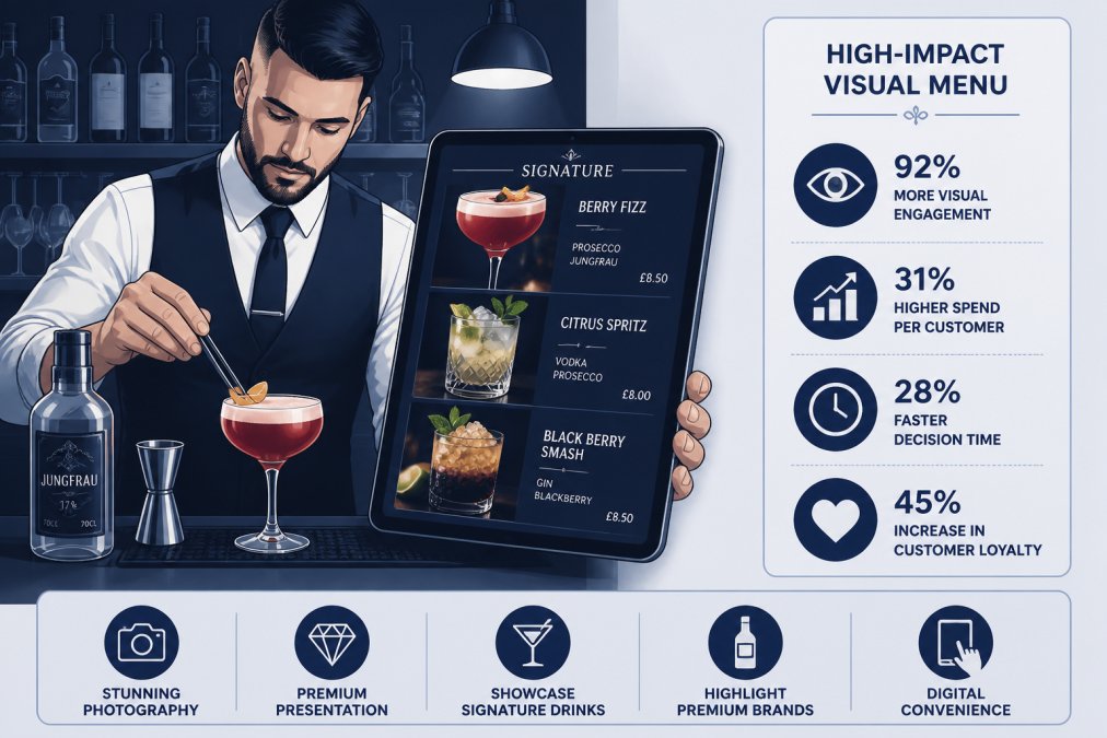 Bartender in professional attire carefully crafting a cocktail, holding a digital menu tablet displaying vibrant cocktail photography with elegant layout and premium presentation under focused bar lighting