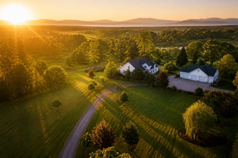 Golden hour aerial view of a landscape bathed in warm sunlight, long shadows cast across fields or property grounds, illustrating the visual impact of optimal lighting conditions and how golden hour transforms drone photography with rich, directional light