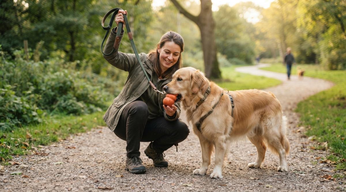 Dog owner using a chew toy to distract a large dog on a park path while holding a sturdy leash handle