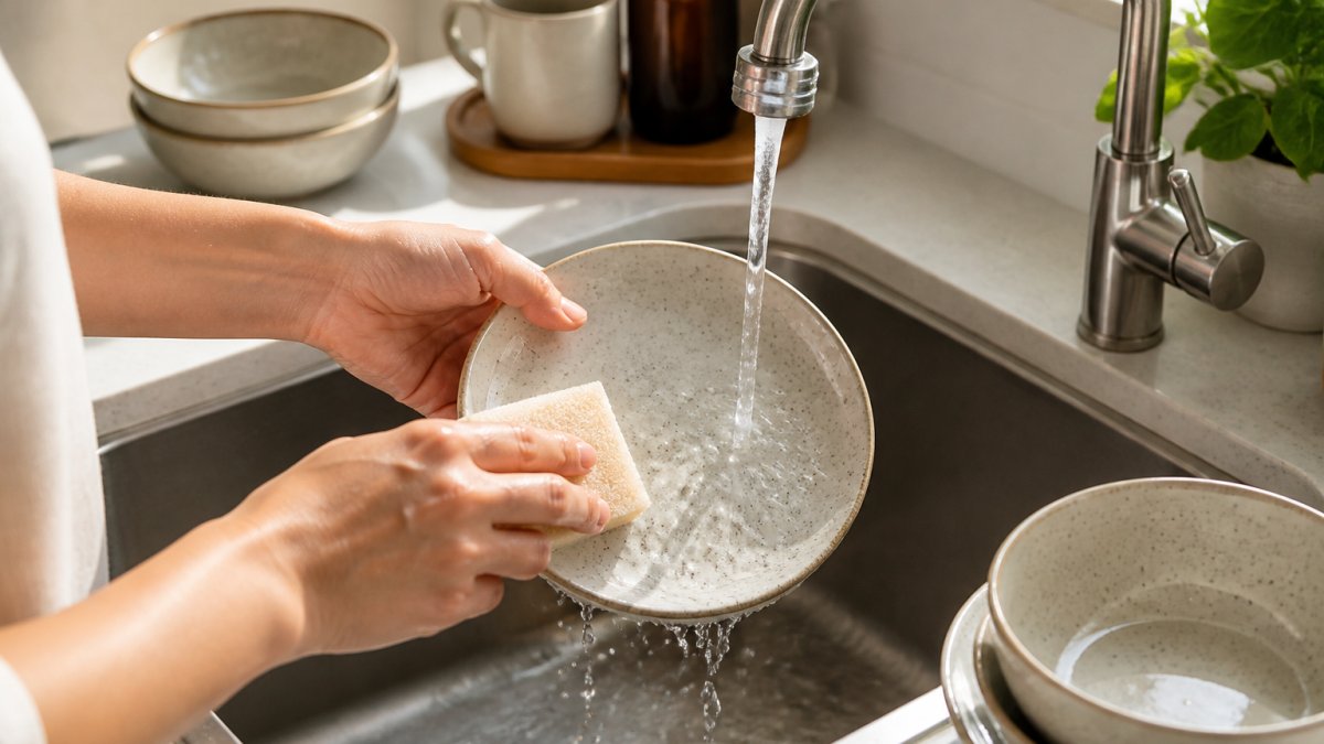 Close-up of hands washing ceramic dinnerware under running water in a bright kitchen sink, with soft natural light highlighting the water droplets and clean surfaces