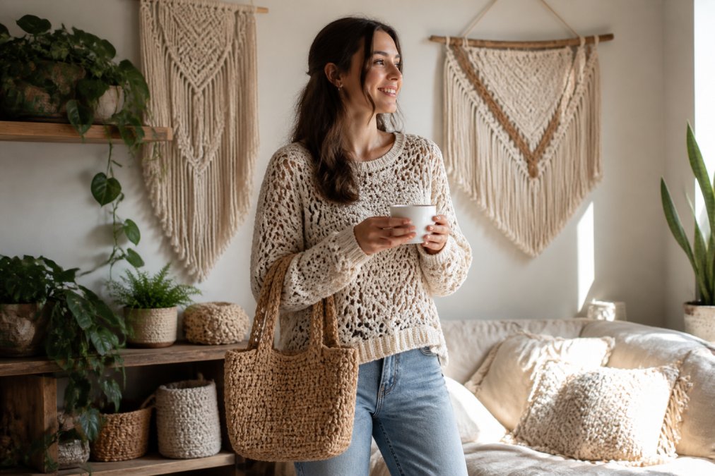A woman wearing a handmade crochet sweater, styled with a woven bag, in a bright, cozy home setting with natural light. She is smiling and holding a cup of tea, surrounded by macramé wall hangings