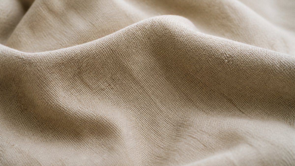 Close-up of soft organic cotton fabric texture with natural fibers visible, natural daylight showing the material's weave and quality