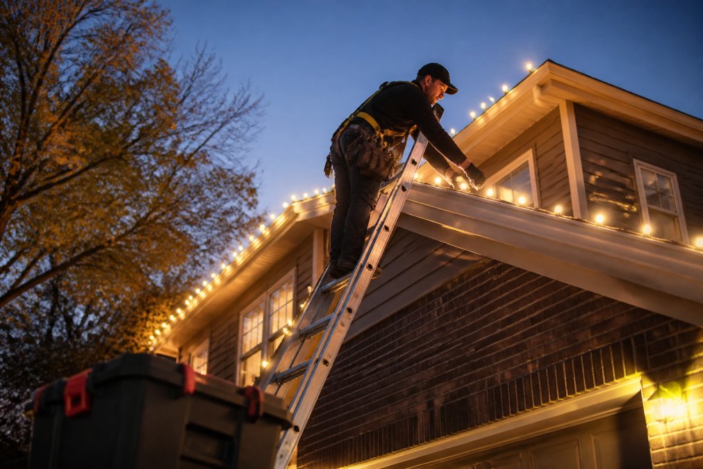 Professional installer hanging eco-friendly holiday lighting on a two-story home roofline at dusk