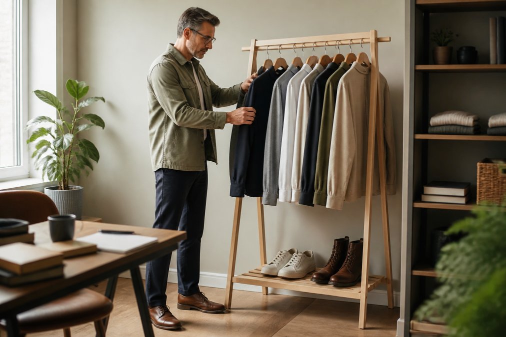 Man in a cotton utility jacket organizing a sustainable capsule wardrobe to complement the 5 best eco-friendly men's
