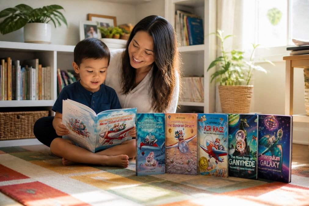 Young preschooler sitting cross-legged on a colorful reading rug, holding an open picture book with an engaged, curious expression while a parent reads alongside in natural morning light