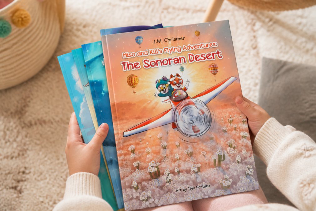 Child's hands holding the Miso & Kili hardcover book bundle with vibrant adventure-themed cover art visible, showing the physical quality and appeal of the books in bright natural light