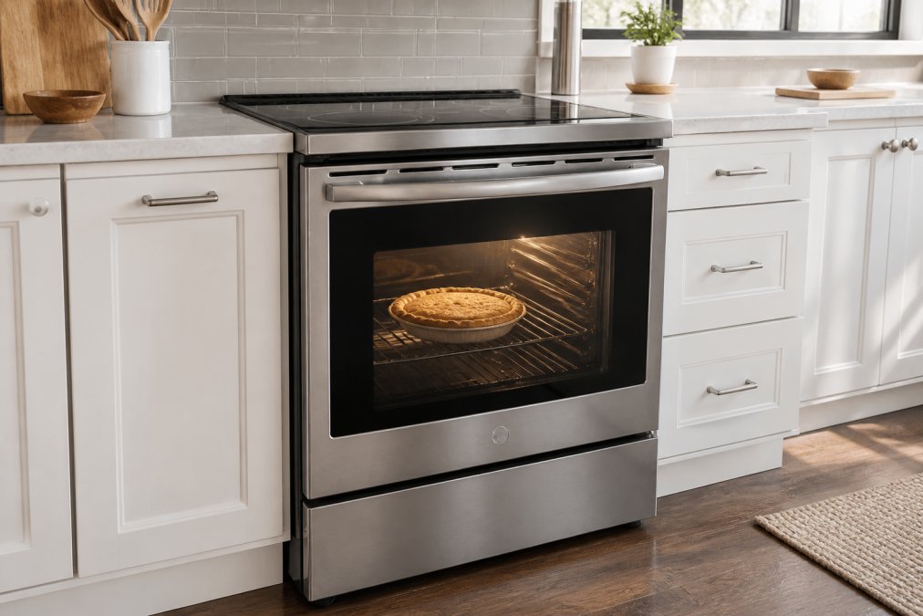 Modern kitchen with stainless steel slide-in electric range installed between white cabinets, showing the oven window with a golden-brown baked pie visible inside, soft natural light from a nearby window illuminating the cooktop