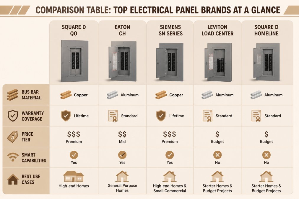 Comparison matrix showing bus bar materials (copper vs. aluminum), warranty coverage (standard vs. lifetime), price tier (budget/mid/premium), smart capabilities (yes/no), and best-use cases for Square D QO, Eaton CH, Siemens SN Series, Leviton Load Center, and Square D Homeline