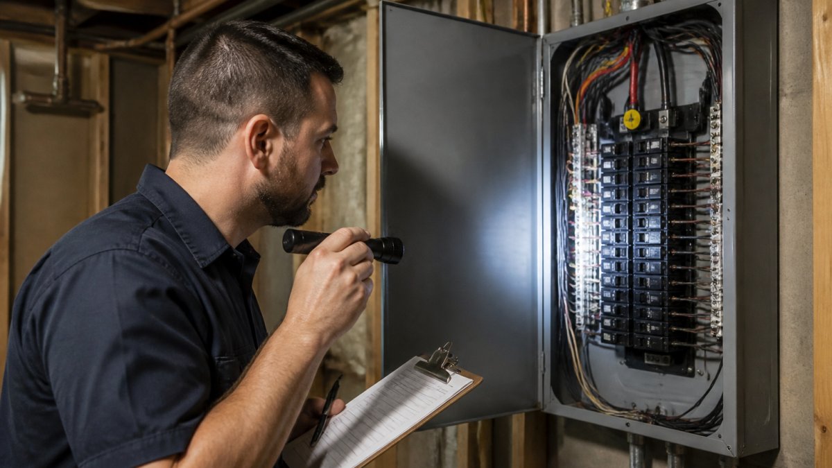 Electrician inspecting home electrical panel brands with a flashlight and clipboard during a safety check