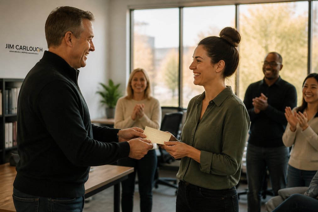 A small business owner handing a handwritten thank-you note to a team member in a casual office setting, other employees smiling in the background, warm afternoon light through large windows