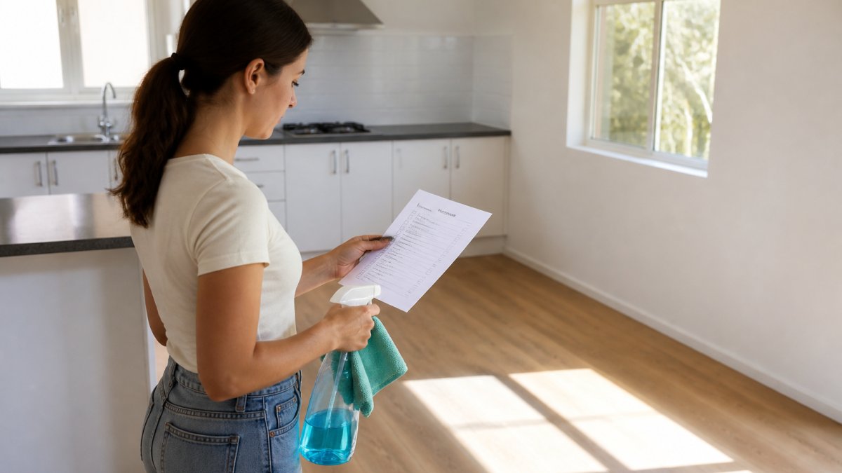 Renter checking off items on a printed cleaning checklist while holding a spray bottle and microfibre cloth, standing in a bright, empty rental kitchen with sunlight streaming through windows