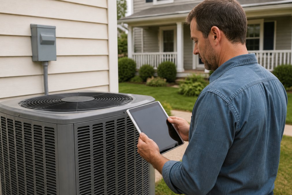 A homeowner standing in front of a large home air conditioning unit, holding a tablet and reviewing energy efficiency ratings, with a suburban house visible in the background