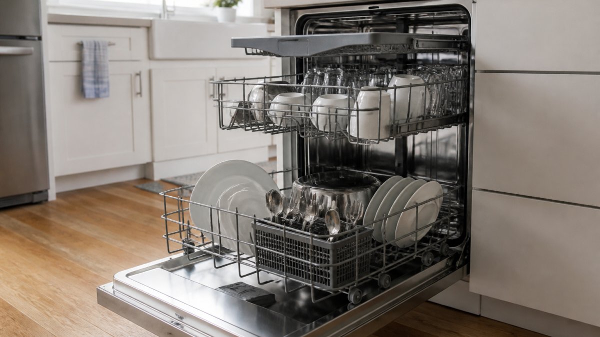 Open stainless steel dishwasher displaying clean dishes on adjustable racks with third rack visible, bright kitchen lighting