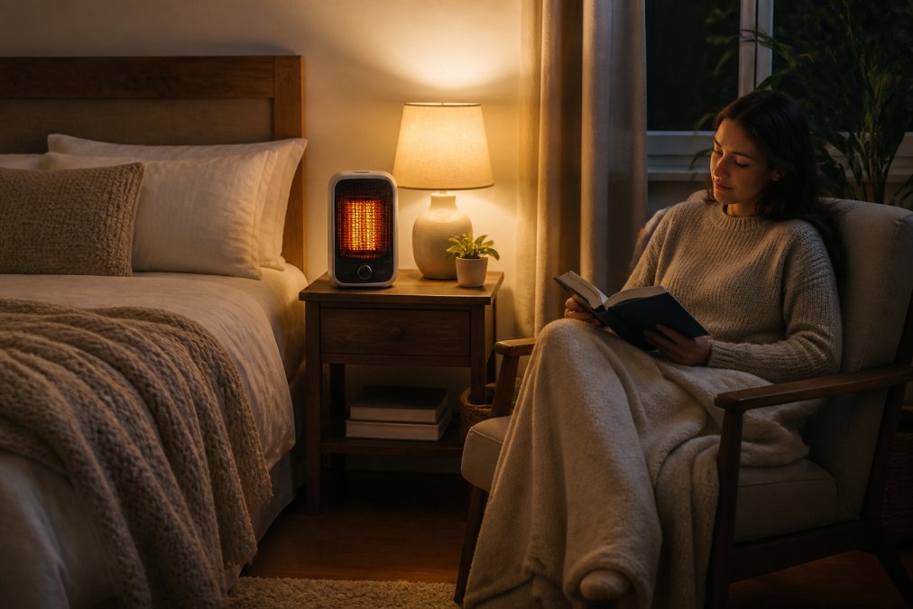 Cozy small bedroom with warm ambient lighting, modern ceramic space heater glowing on nightstand, person sitting comfortably in chair reading with blanket