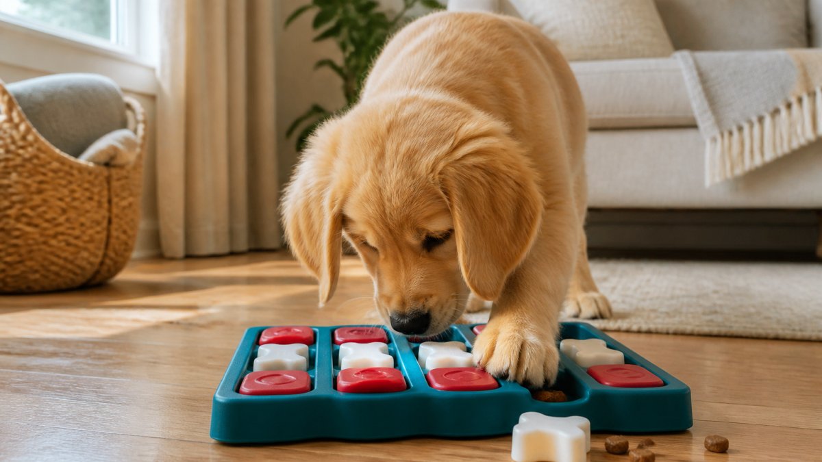 A golden retriever puppy actively engaging with a puzzle toy on a light hardwood floor, nose and paws working at the toy while visible treat pieces catch natural window light, warm living room setting with cozy furnishings