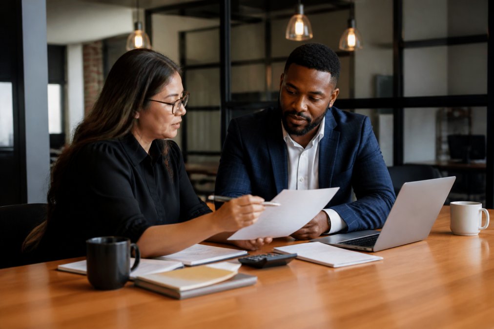 A business owner and tax advisor reviewing financial documents and a laptop at a modern conference table, with a calculator and coffee cups nearby