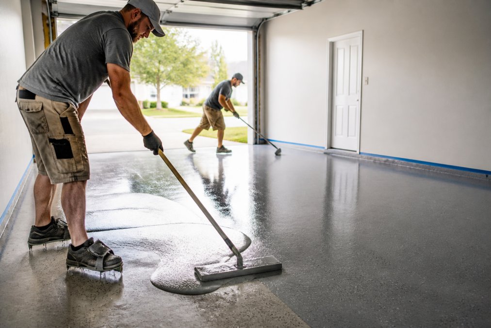 A professional concrete resurfacing team applying epoxy coating to a residential garage floor with rollers and squeegees, clean masked edges, natural daylight through an open garage door