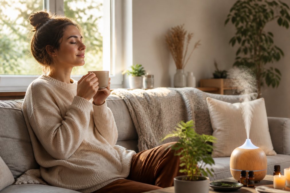 Person sitting on a comfortable sofa near a wooden diffuser, eyes closed, holding a warm cup of tea, soft natural morning light streaming through a window behind them