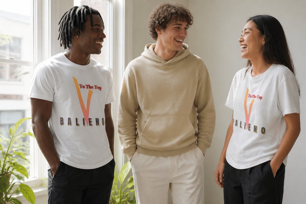 Person wearing a simple, well-fitted organic cotton t-shirt and sustainable hoodie in neutral tones, standing in natural light near a window to showcase fabric quality, texture, and how ethical basics fit different body types